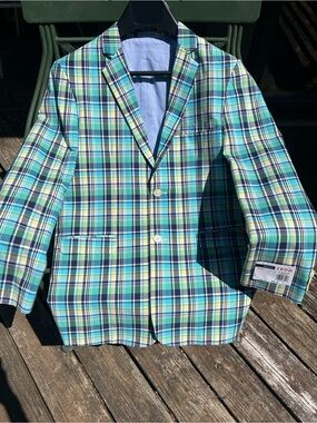 IZOD Boys Madras Plaid Blue, Green & Yellow Sport Coat Sz 20